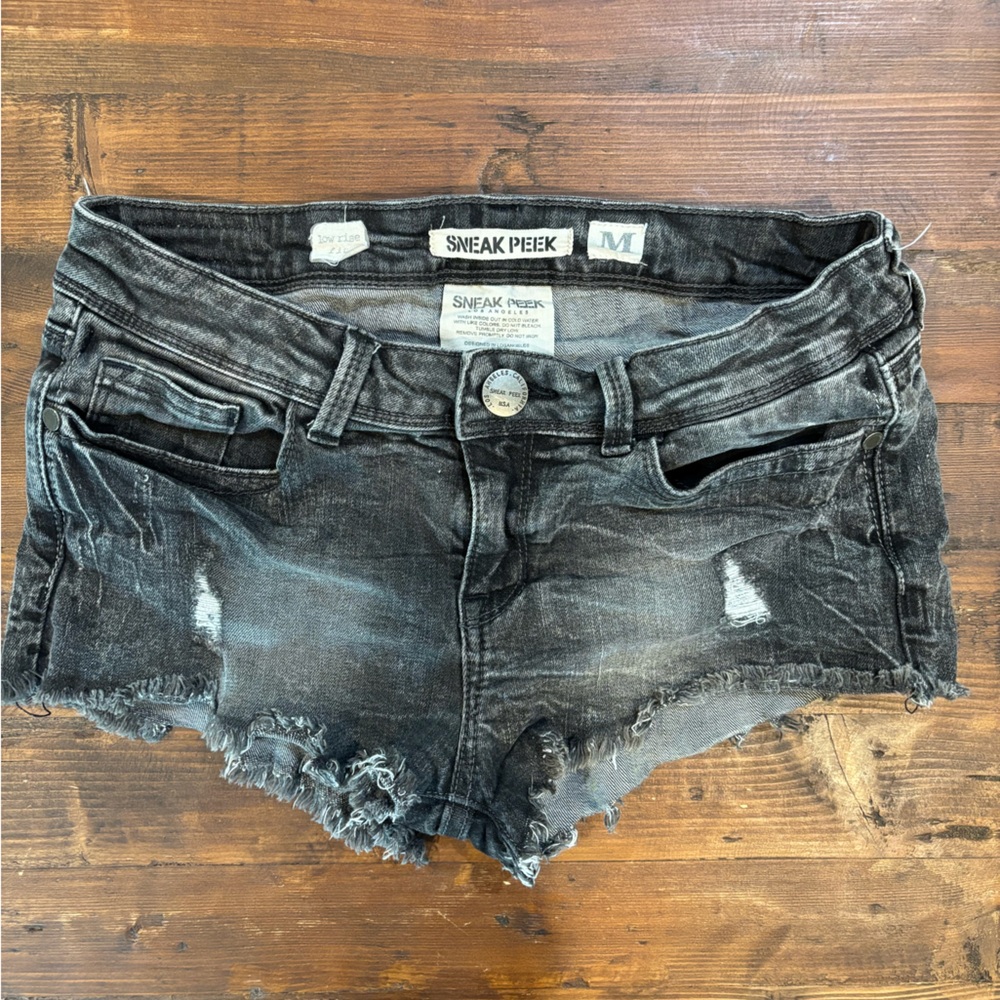 Sneak Peek Charcoal Distressed Denim Shorts